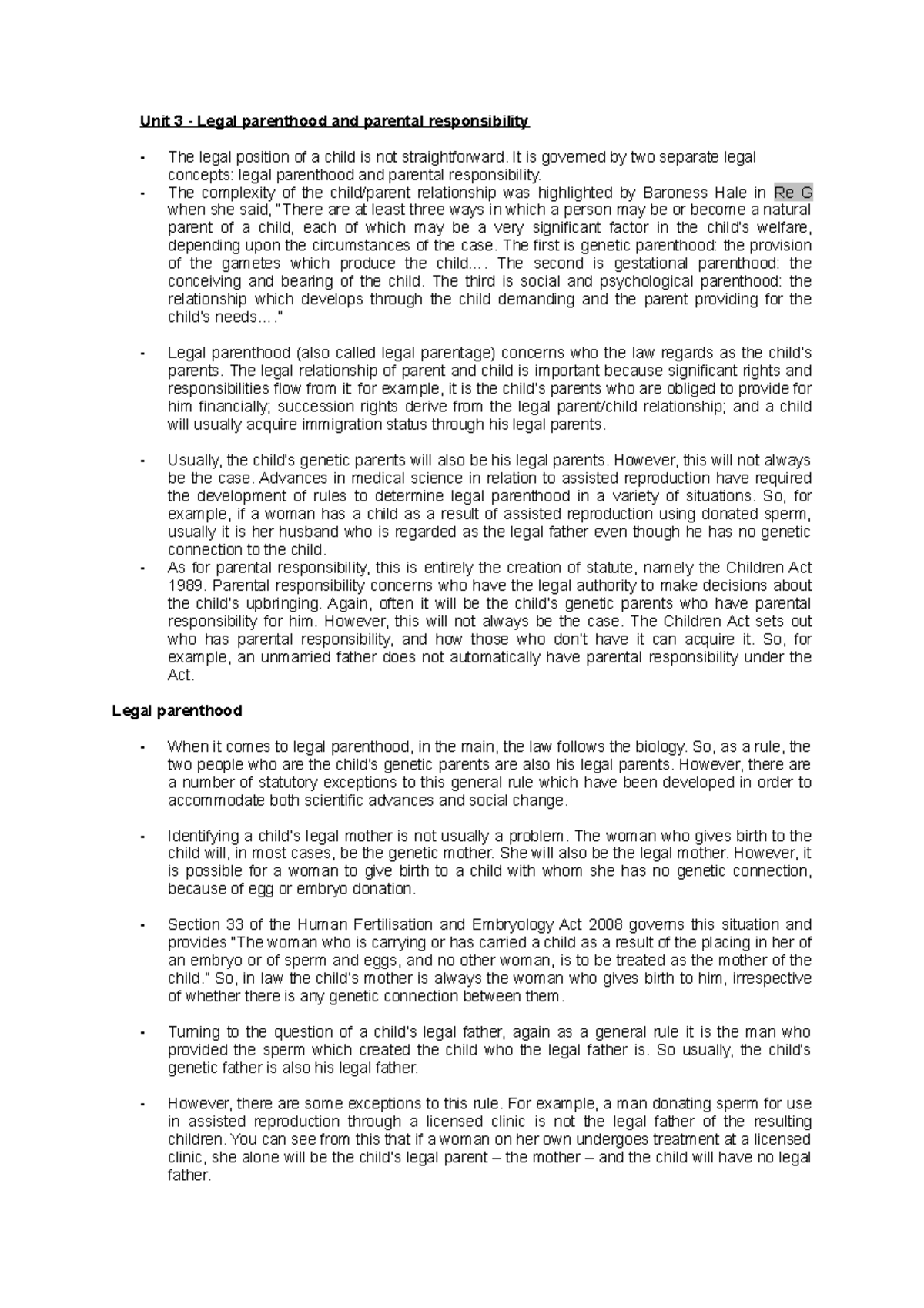 Unit 3 - family - Unit 3 - Legal parenthood and parental responsibility ...