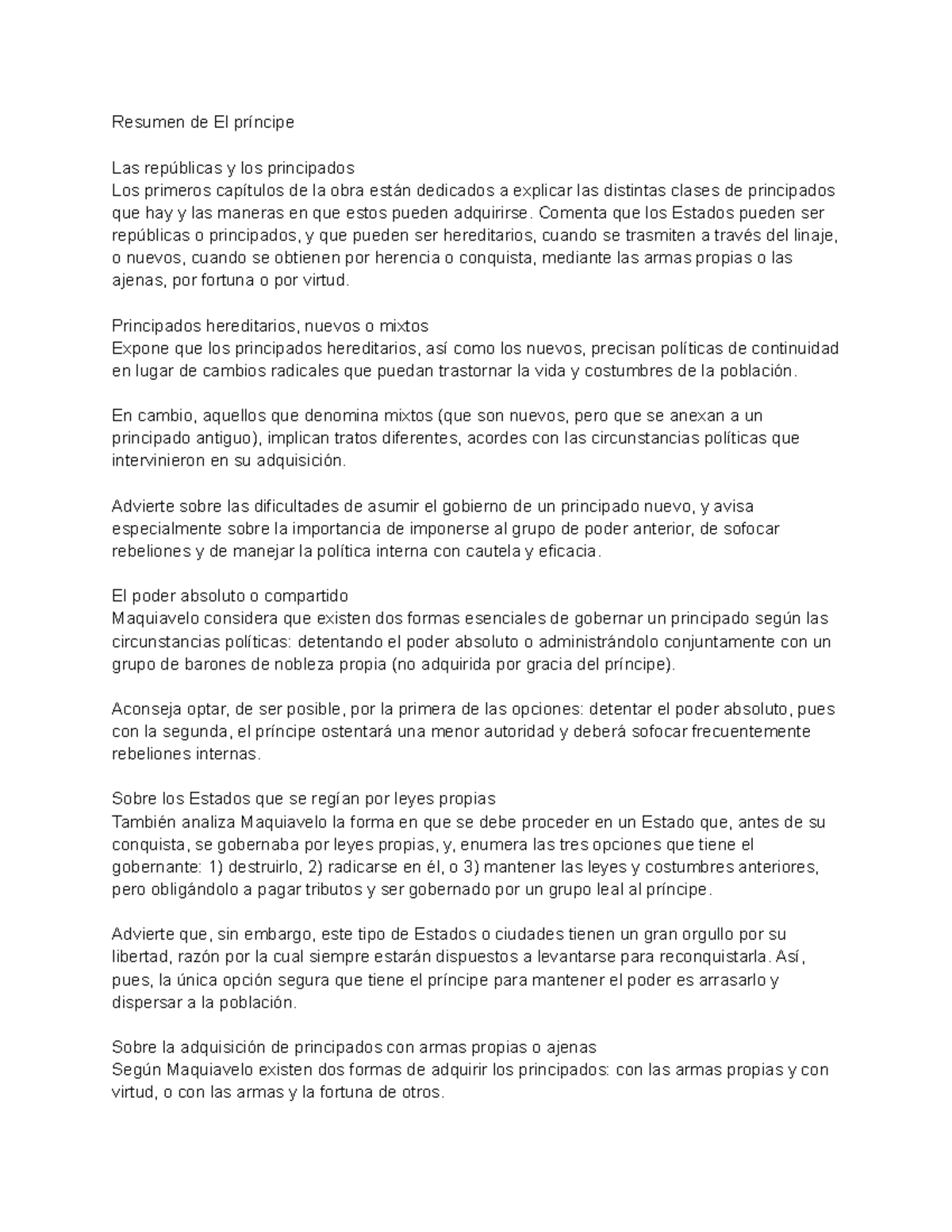 Resumen de El príncipe - Las repúblicas y los principados Los primeros ...