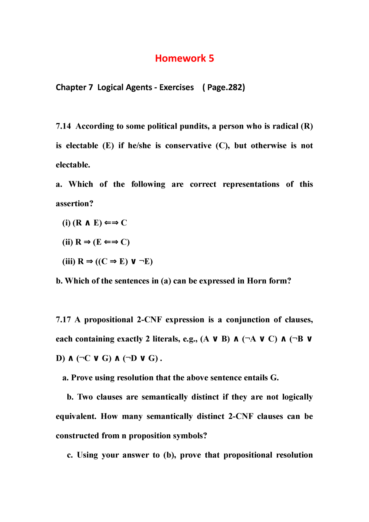 Homework 5 4 Computer Vision Home Work Homework Chapter Logical Agents Exercises Page 2 14 According To Some Political Pundits Person Who Is Radical Is Studocu