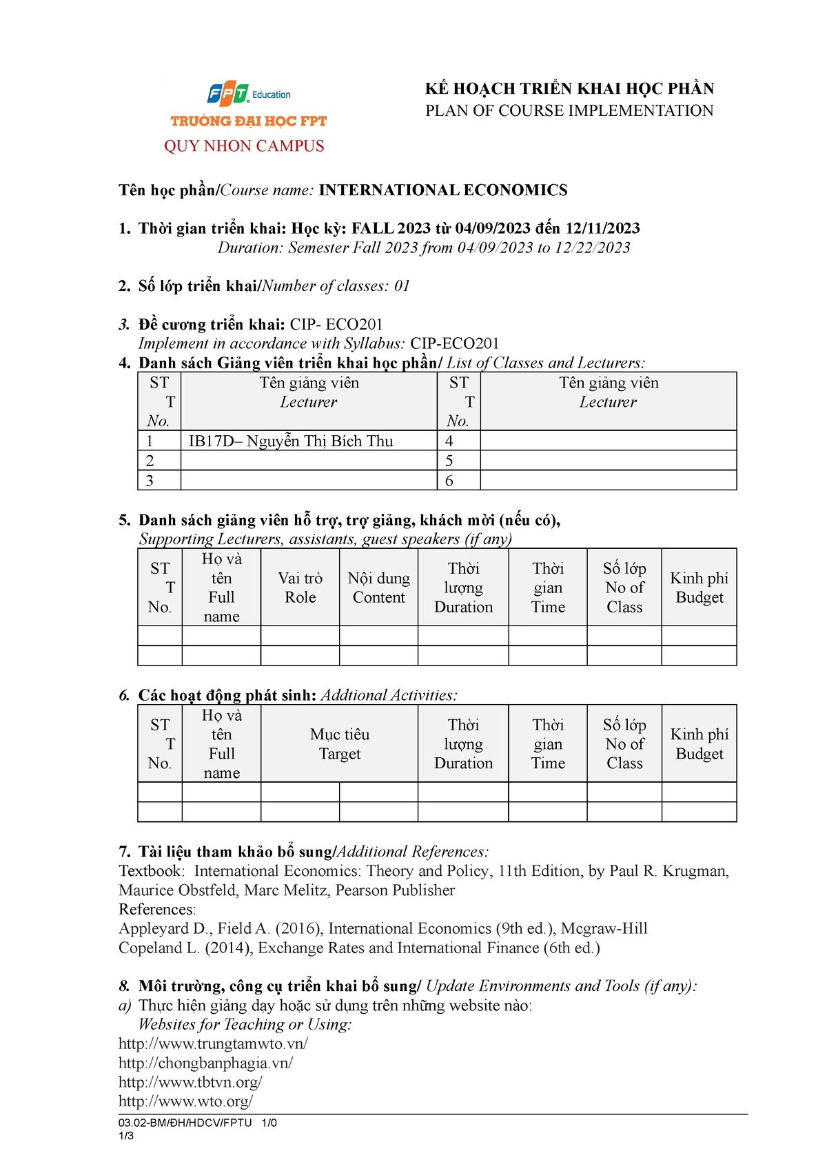 ECO201 FA23 Kiendjd - KẾ HOẠCH TRIỂN KHAI HỌC PHẦN PLAN OF COURSE ...