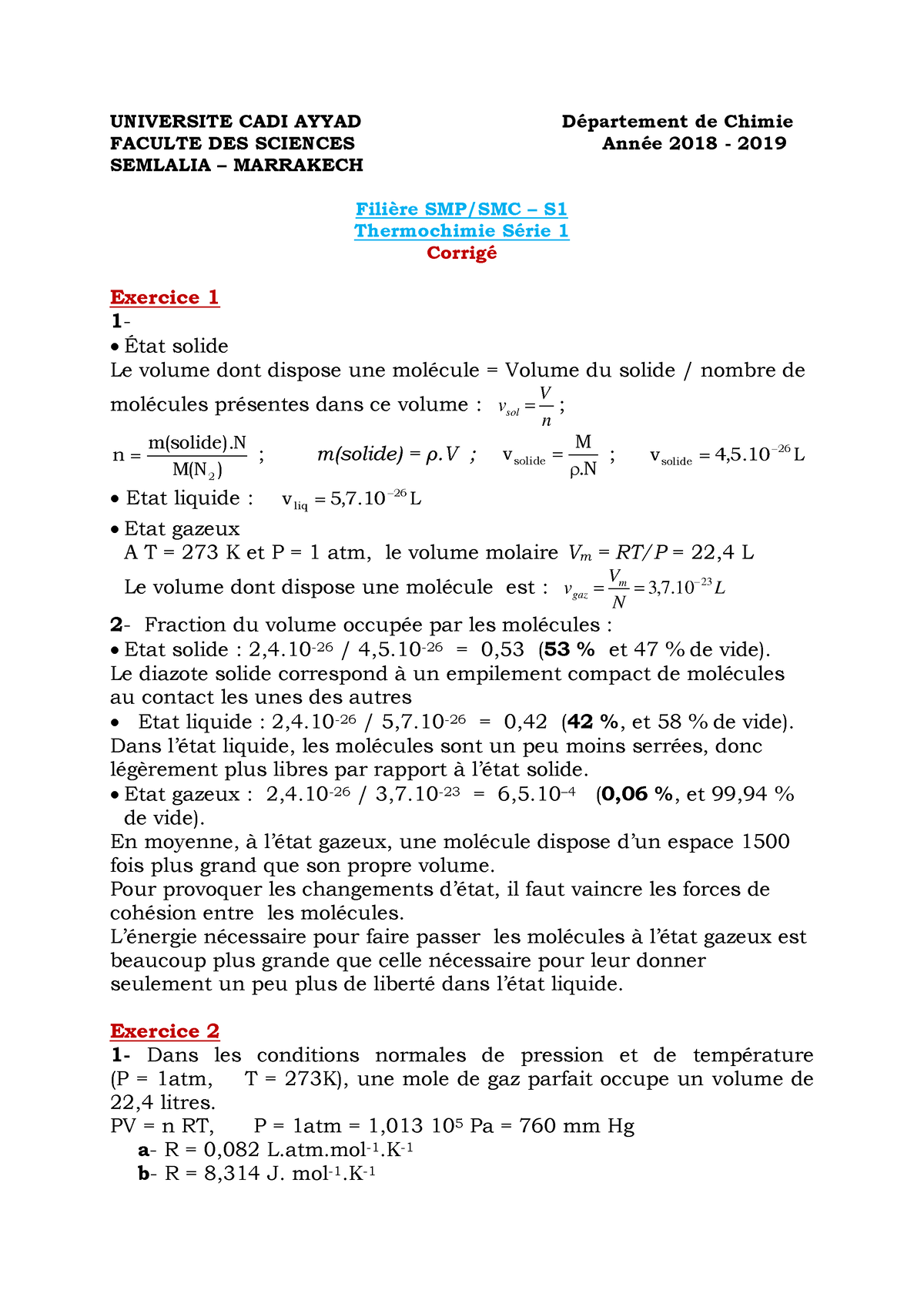 Thermodynamique Chimique-exercices-corrigé-01 - UNIVERSITE CADI AYYAD ...