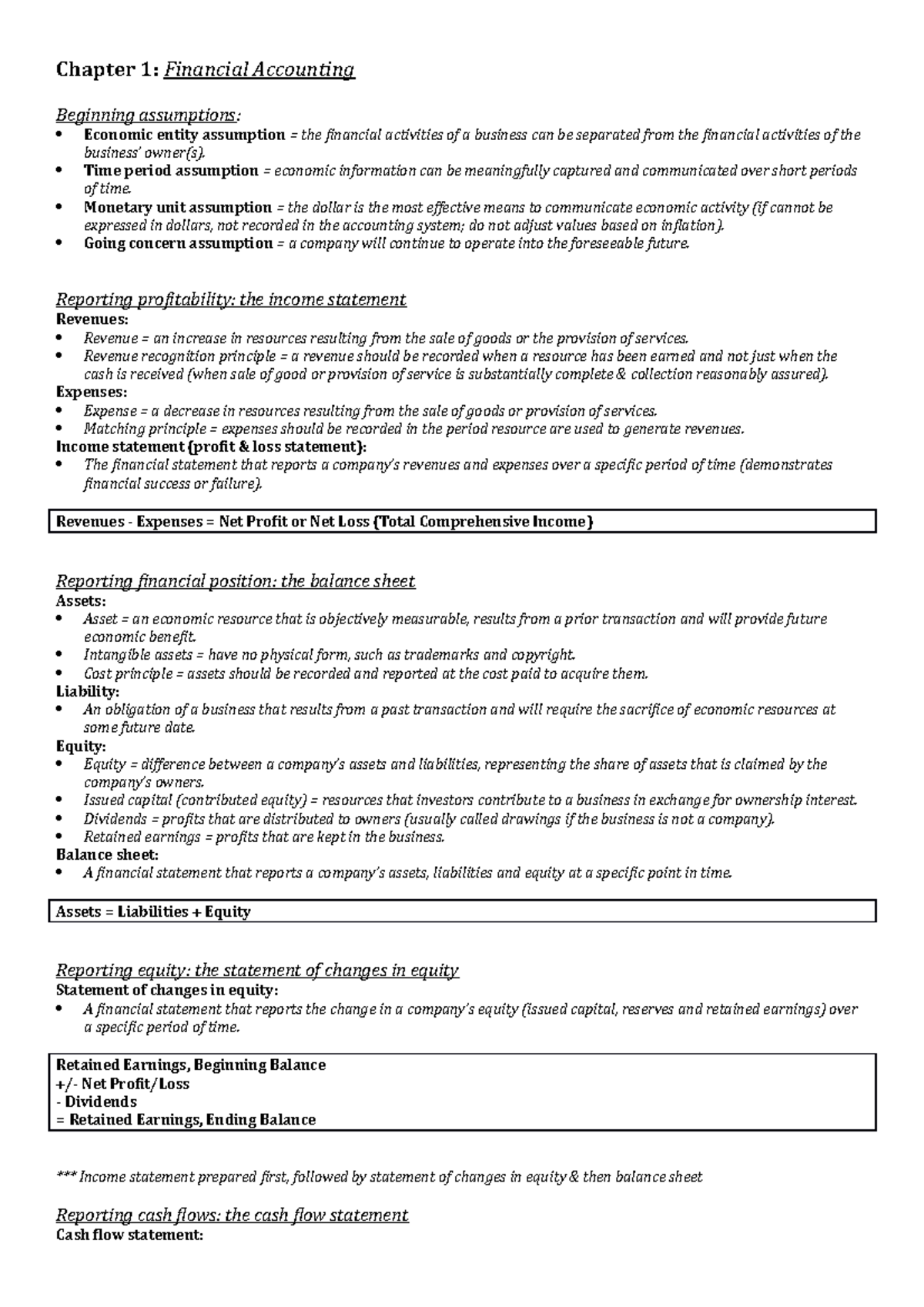 Textbook Notes - Chapter 1: Financial Accounting Beginning assumptions ...