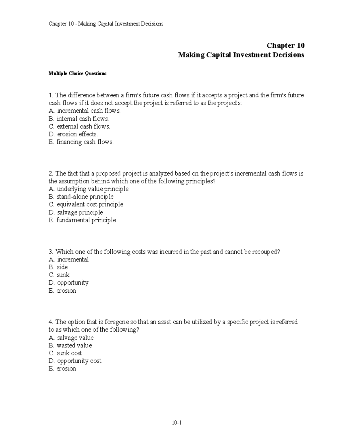 Chap010 Test Bank - Chapter 10 Making Capital Investment Decisions ...