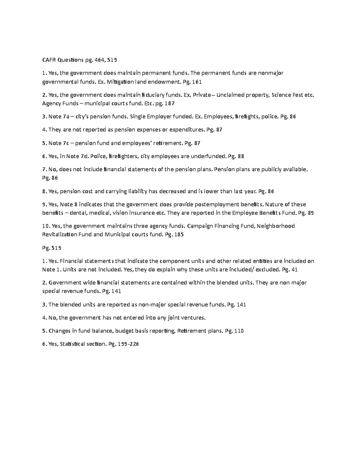 CAFR Ch 10 +11 - CAFR CH 10 & 11 - CAFR Questions pg. 464, 519 1. Yes ...
