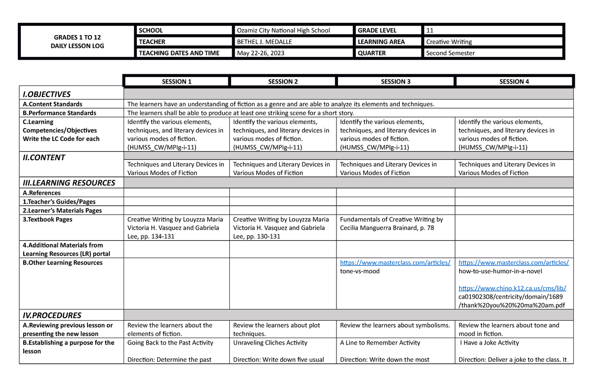 Creative writing dll - for references - GRADES 1 TO 12 DAILY LESSON LOG ...