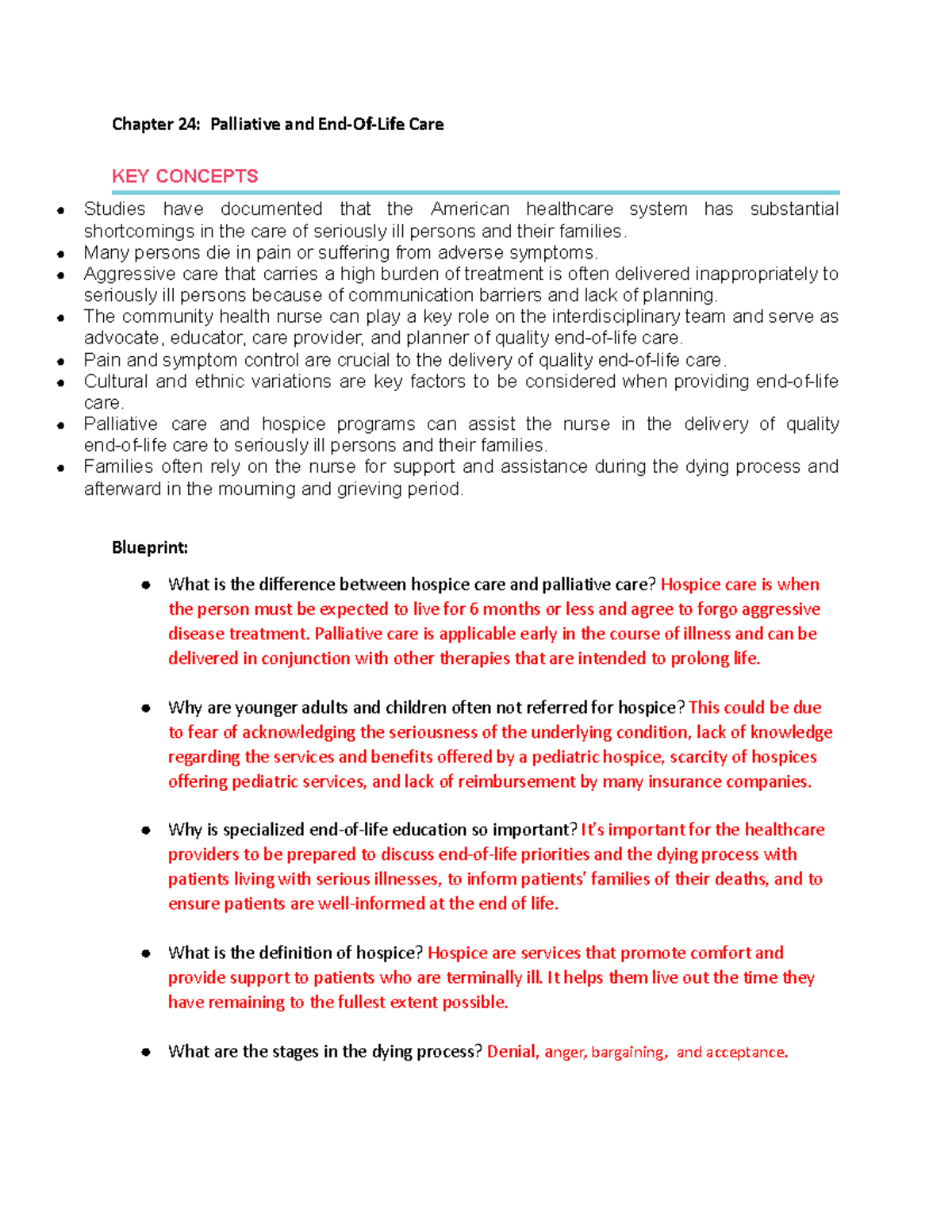 Chapter 24 blueprint - Chapter 24: Palliative and End-Of-Life Care KEY ...