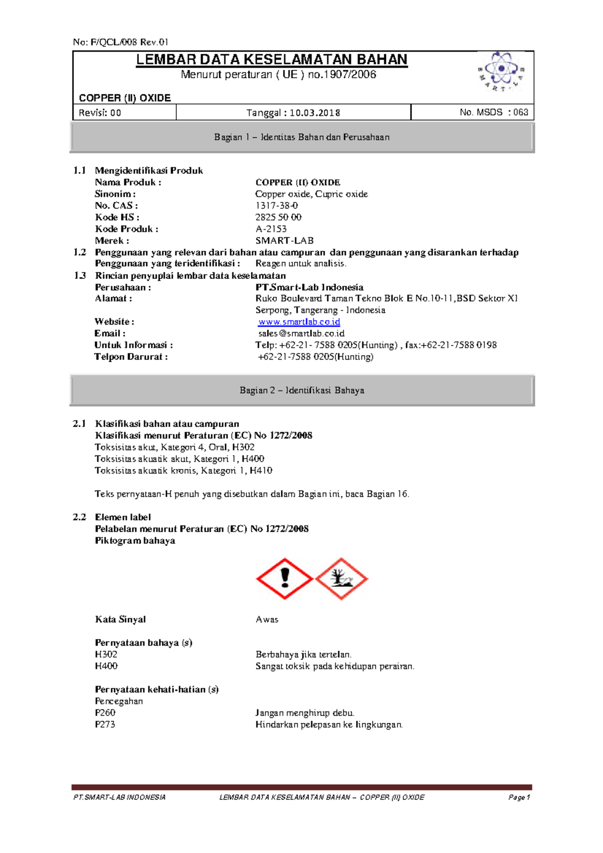 MSDS Copper (II) Oxide (INDO) LEMBAR DATA KESELAMATAN BAHAN Menurut peraturan ( UE ) no