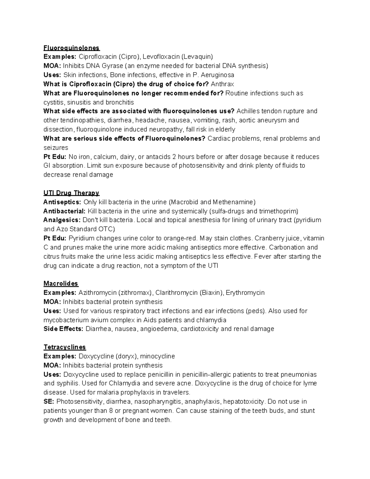 Pharm Study Guide - Fluoroquinolones Examples: Ciprofloxacin (Cipro ...