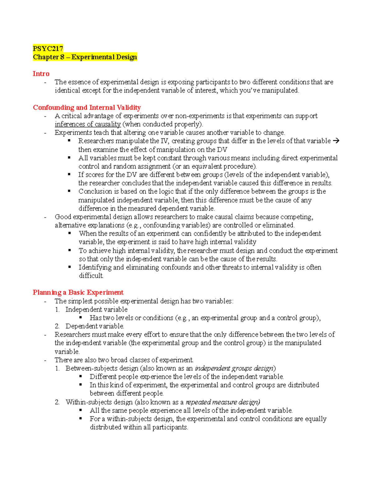 Chapter 8 - Experimental Design - PSYC Chapter 8 – Experimental Design Intro - The Essence Of ...