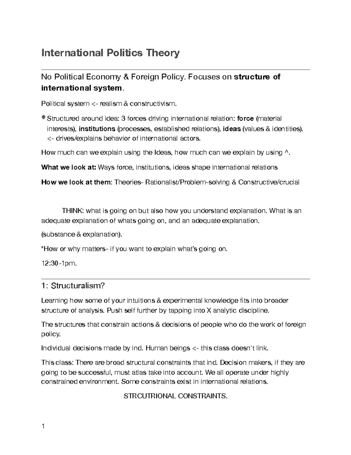 Ints Politics Theory 1 - Lecture Notes 1 - International Politics ...