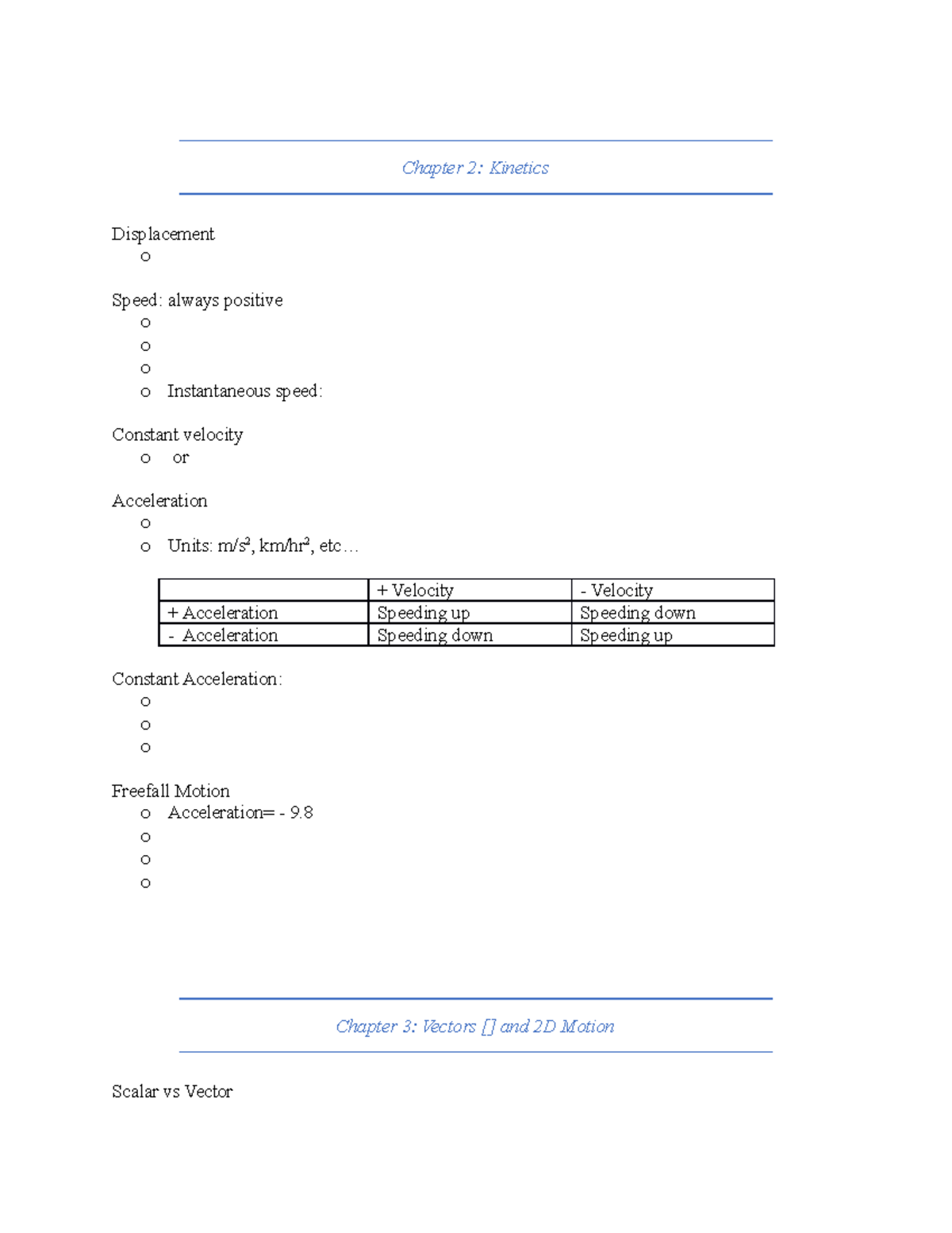 Physics I Formula sheet - Chapter 2: Kinetics Displacement o Speed ...