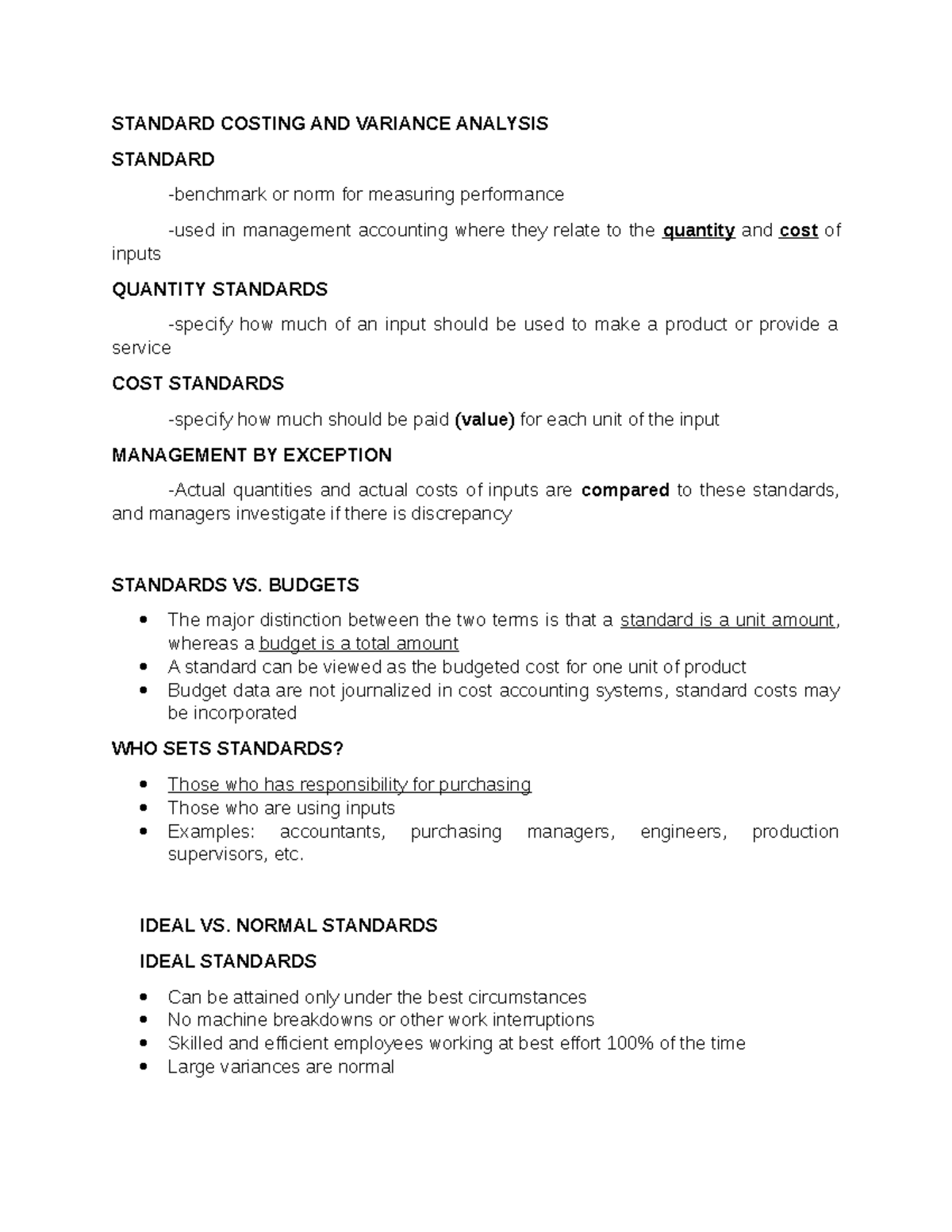 Standard Costing AND Variance Analysis - STANDARD COSTING AND VARIANCE ...