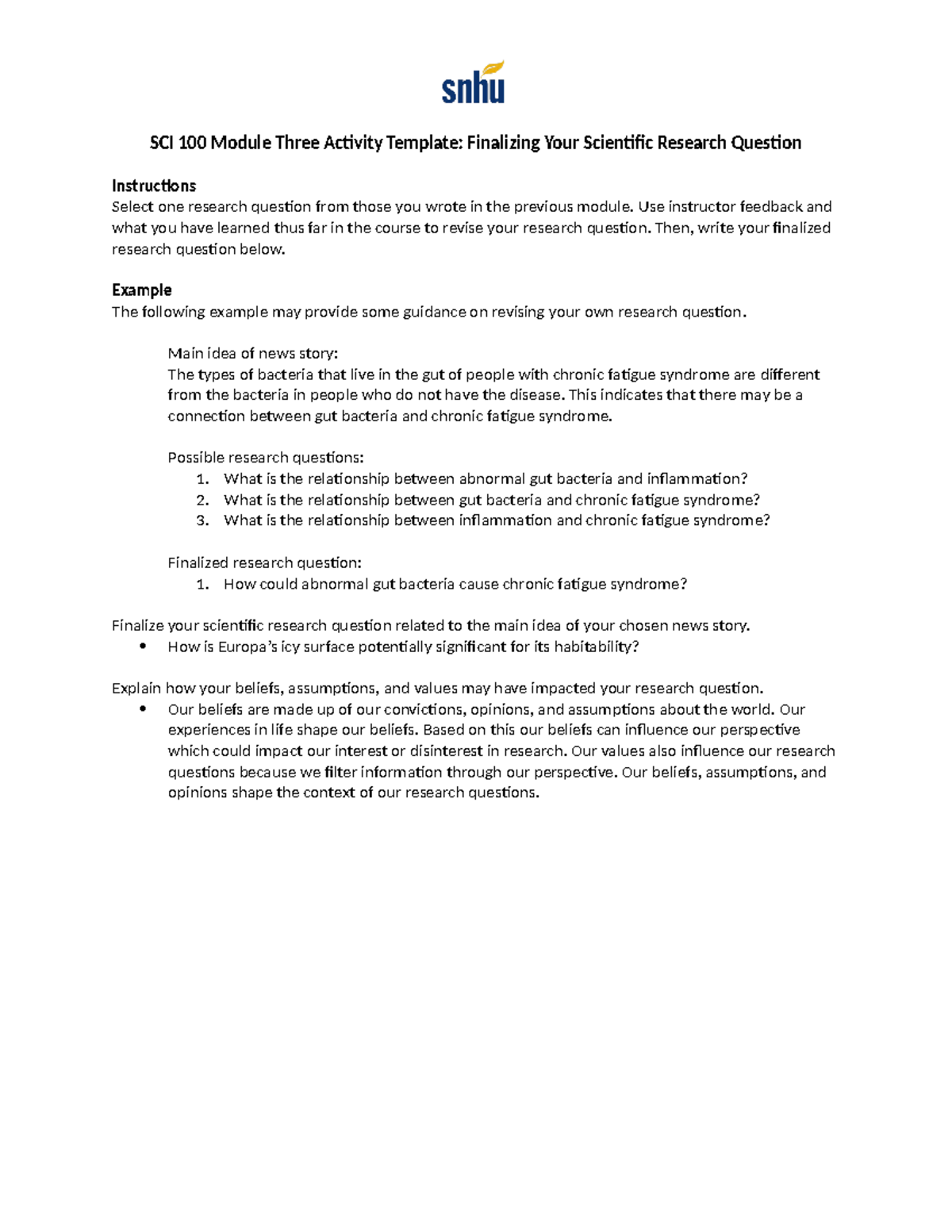 Science Module 3 - SCI 100 Module Three Activity Template: Finalizing ...