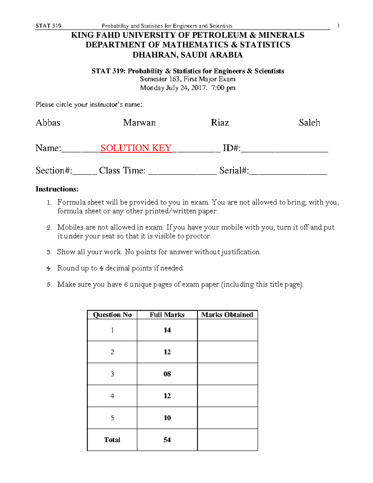 STAT319 163 Major 1 Solved - KING FAHD UNIVERSITY OF PETROLEUM ...