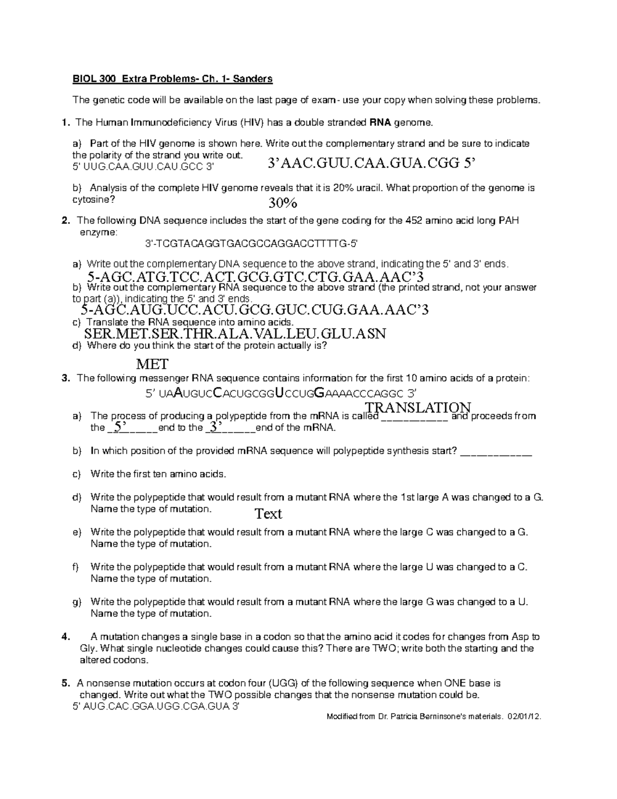 Chapter 1 Extra Problems Sanders - BIOL 300 Extra Problems- Ch. 1 ...