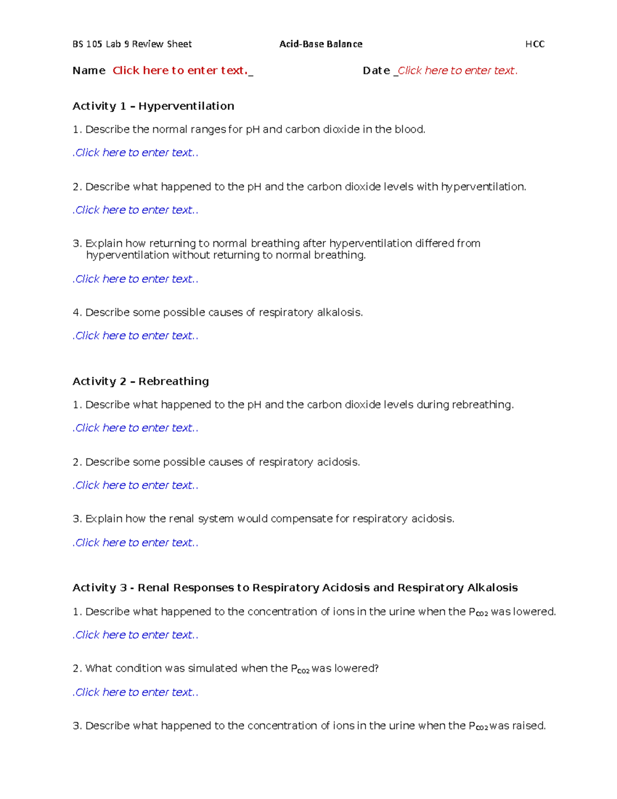 Lab 9 Review Sheet - BS 105 Lab 9 Review Sheet Acid-Base Balance HCC ...
