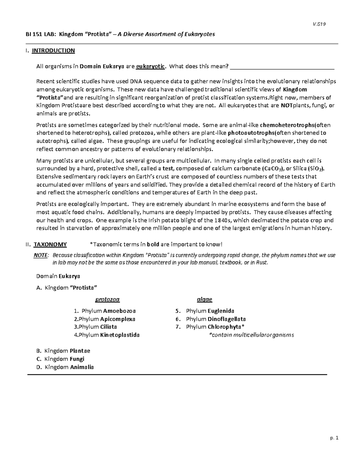 Kingdom Protista Handout - Bi 1 51 Lab: Kingdom “protista” – A Diverse 