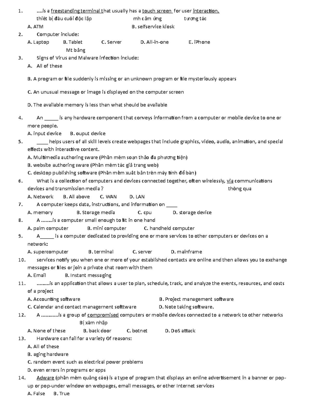 PCO question - pco - ... a freestanding terminal that usually has a ...