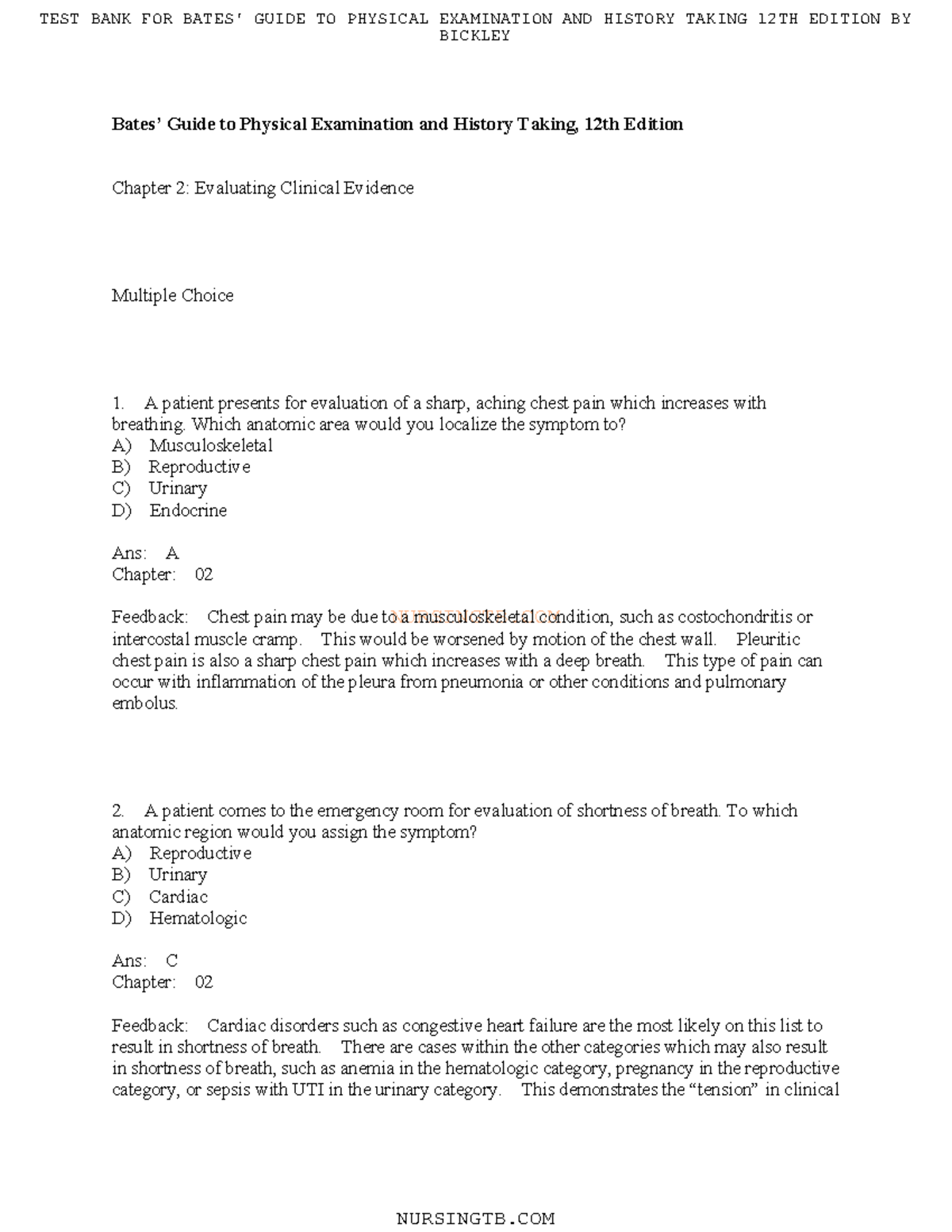 Bates 12th Edition Chapter 2 Practice Questions N U R S I N G T B. C
