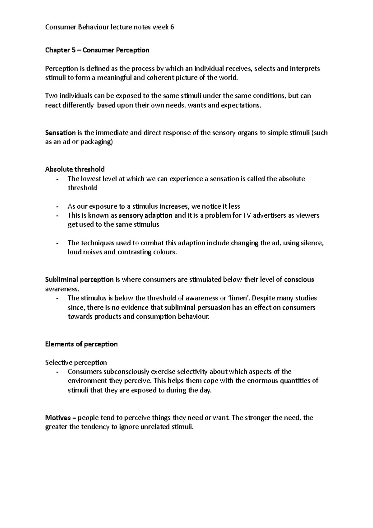 Consumer Behaviour Lecture Notes 6 - Chapter 5 – Consumer Perception ...