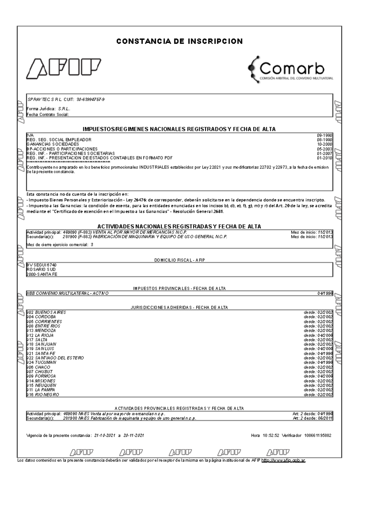 CUIT (Clave Única de Inscripción tributaria) SPRAYTEC S R L CUIT 3063994757 Forma Jurídica