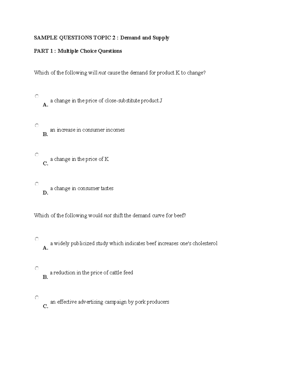 Sample Questions Topic 2 - SAMPLE QUESTIONS TOPIC 2 : Demand and Supply ...