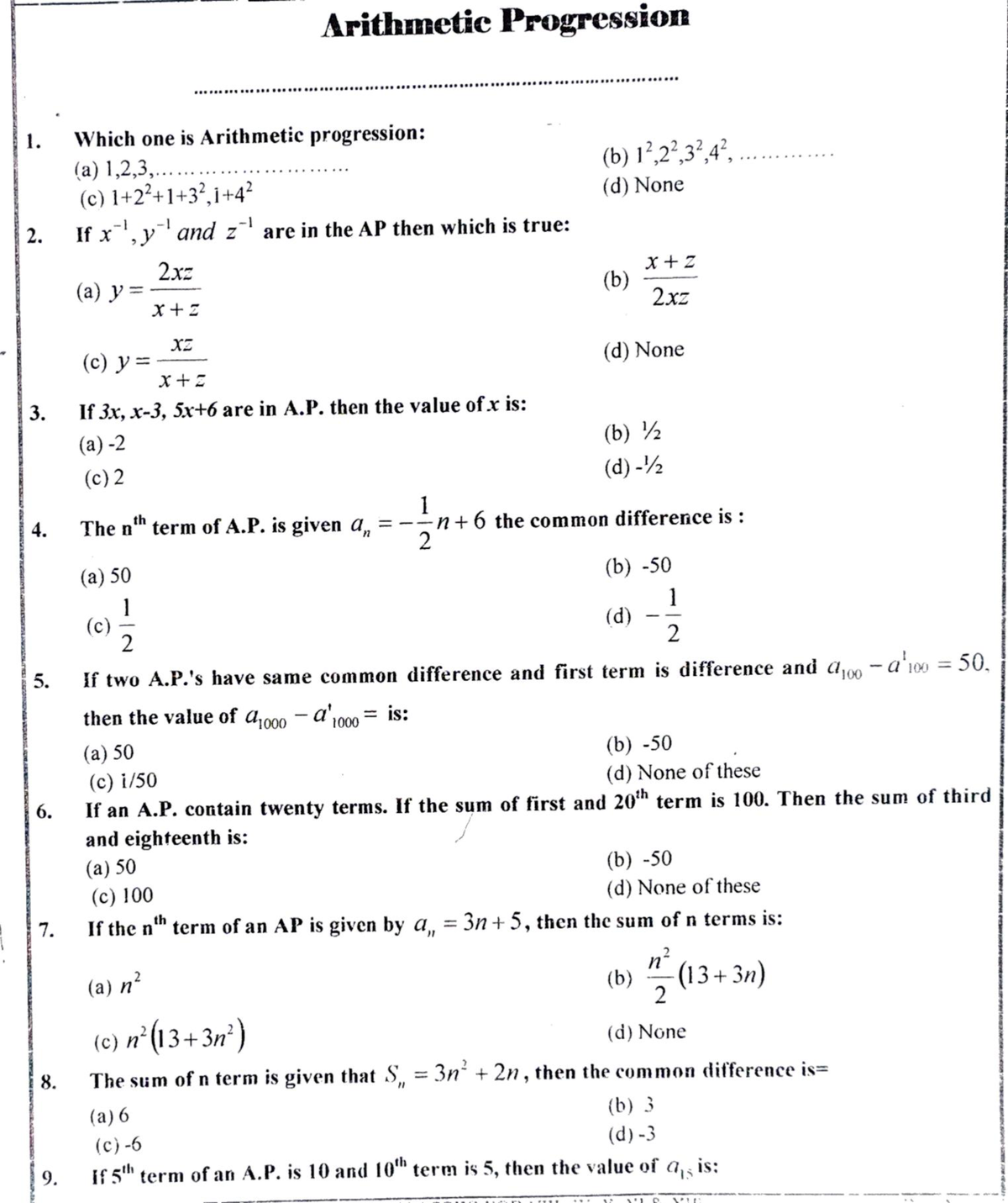 50 Most Important Questions Of Arithmetic Progression - Mathematics -i 