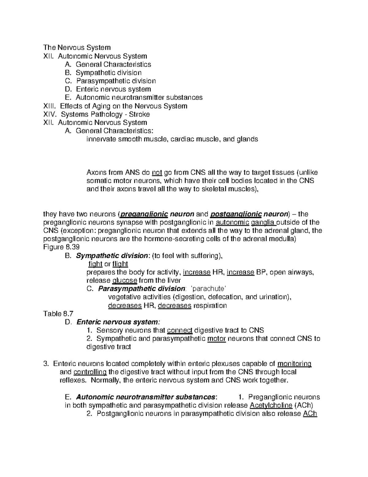BIOL109 Ch8E Lecture notes - The Nervous System XII. Autonomic Nervous ...