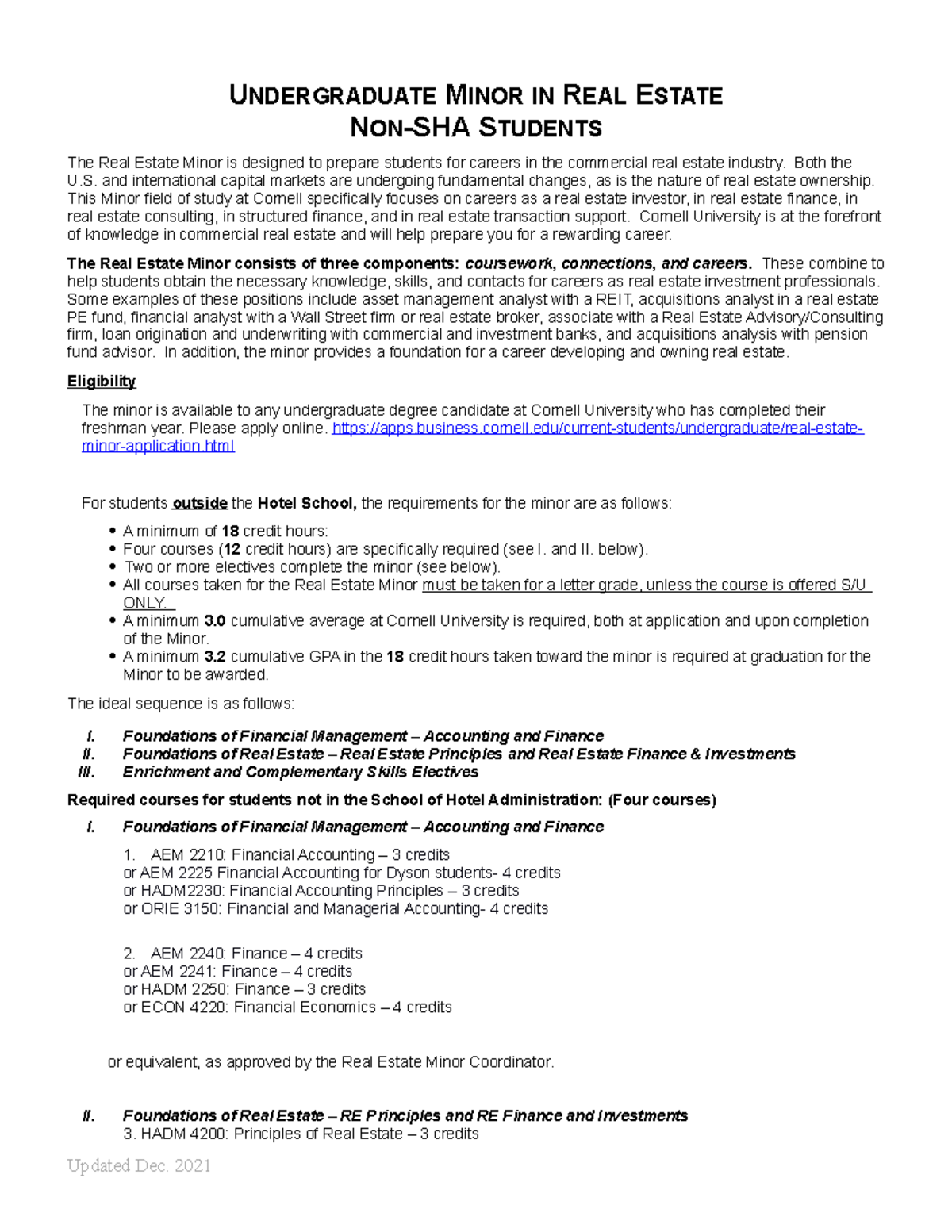 Non SHAUGMinorinREcourseworkupdatedDec2021 UNDERGRADUATE