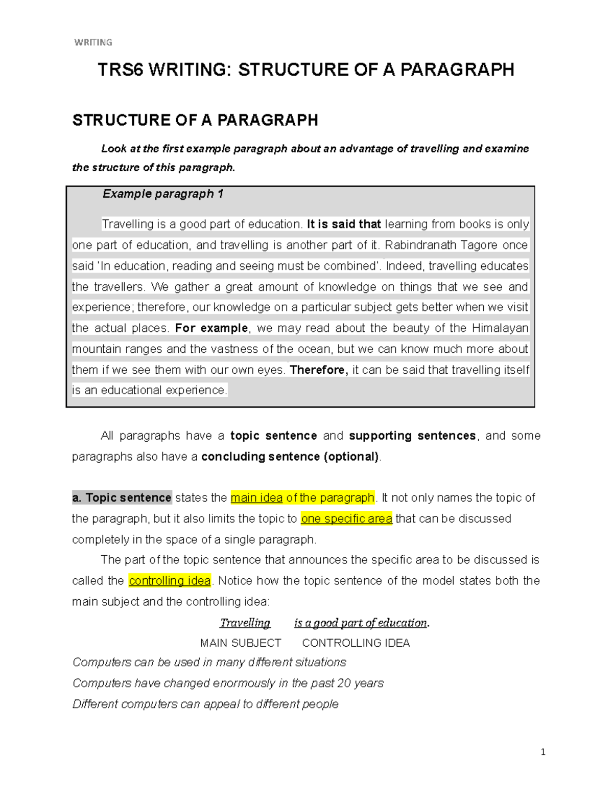 TRS6 Writing- Structure of a paragraph - TRS6 WRITING: STRUCTURE OF A ...