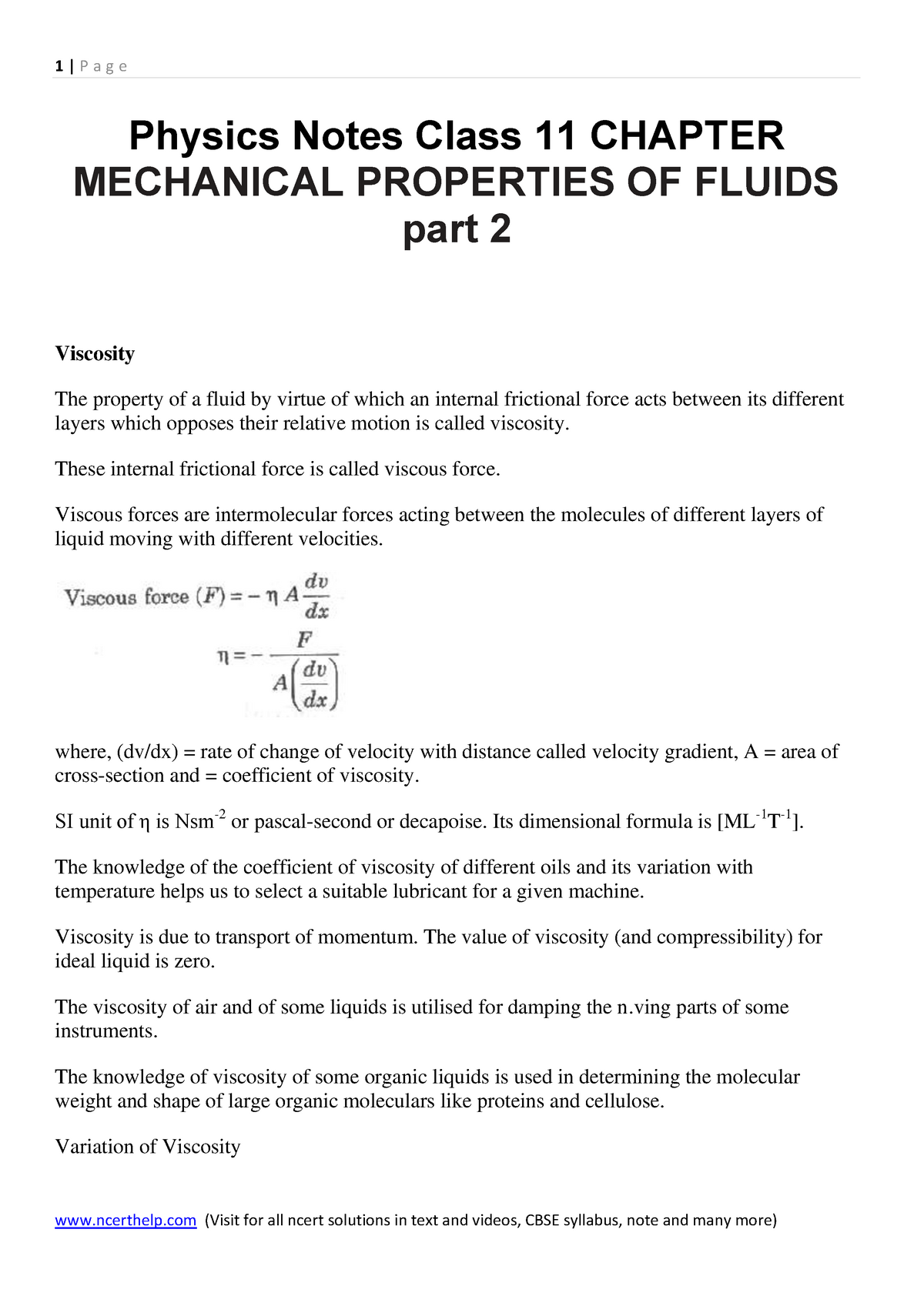 assignment on mechanical properties of fluids class 11