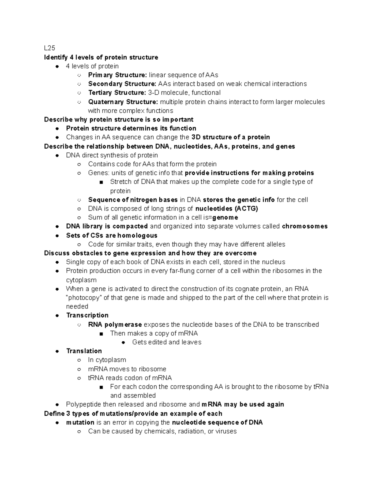 Neuro Exam U3 Study Guide L Identify 4 levels of protein structure
