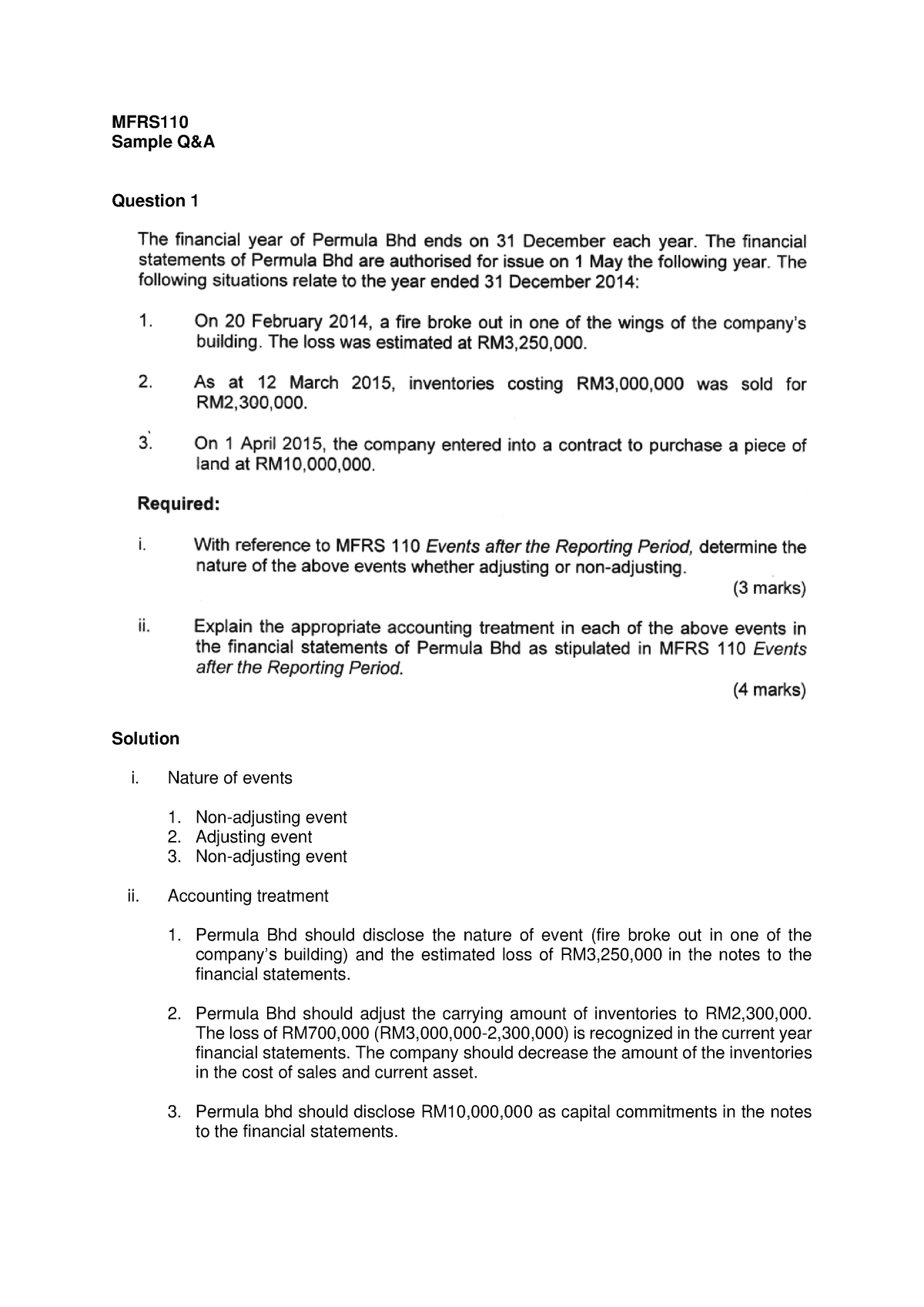 MFRS110 Q&A 2021 - sample Q & A - MFRS Sample Q&A Question 1 Solution i ...