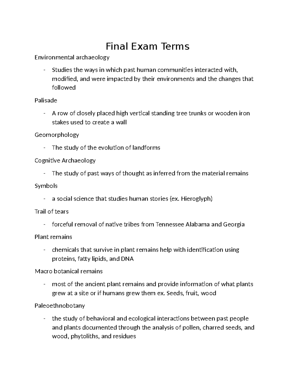 Finals notes archaeology 2 - Final Exam Terms Environmental archaeology ...