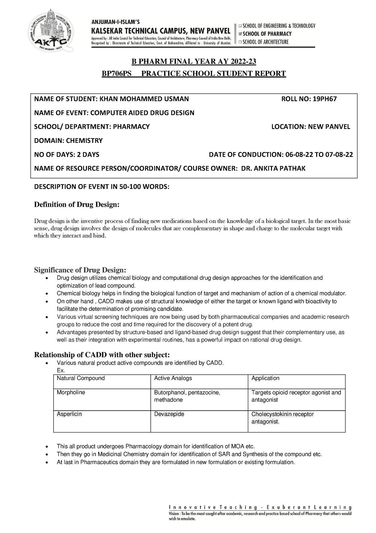 19PH67 - CADD - Part Of Project - B PHARM FINAL YEAR AY 2022- BP706PS ...