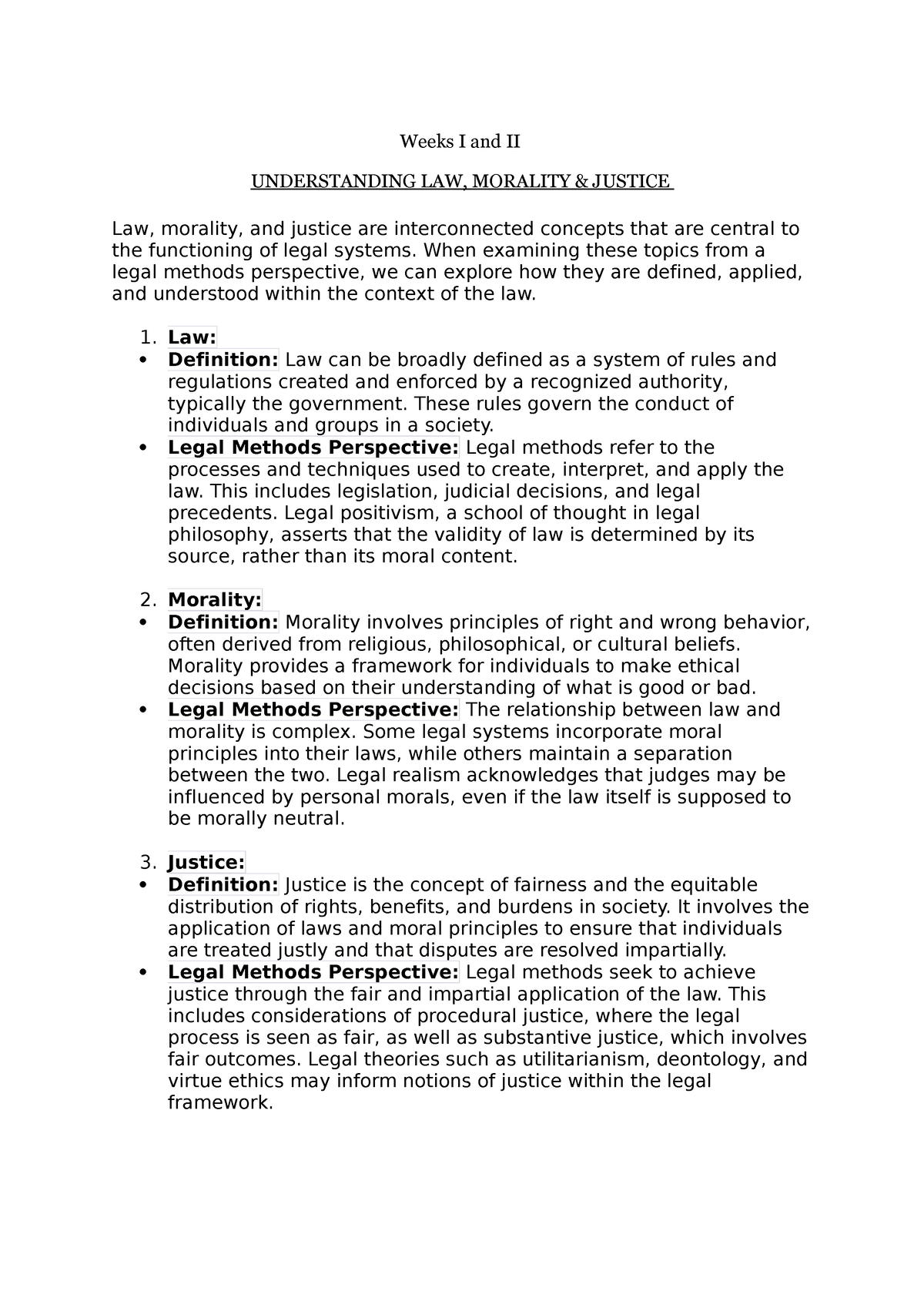 Legal Methods Notes LLB - Weeks I And II UNDERSTANDING LAW, MORALITY ...