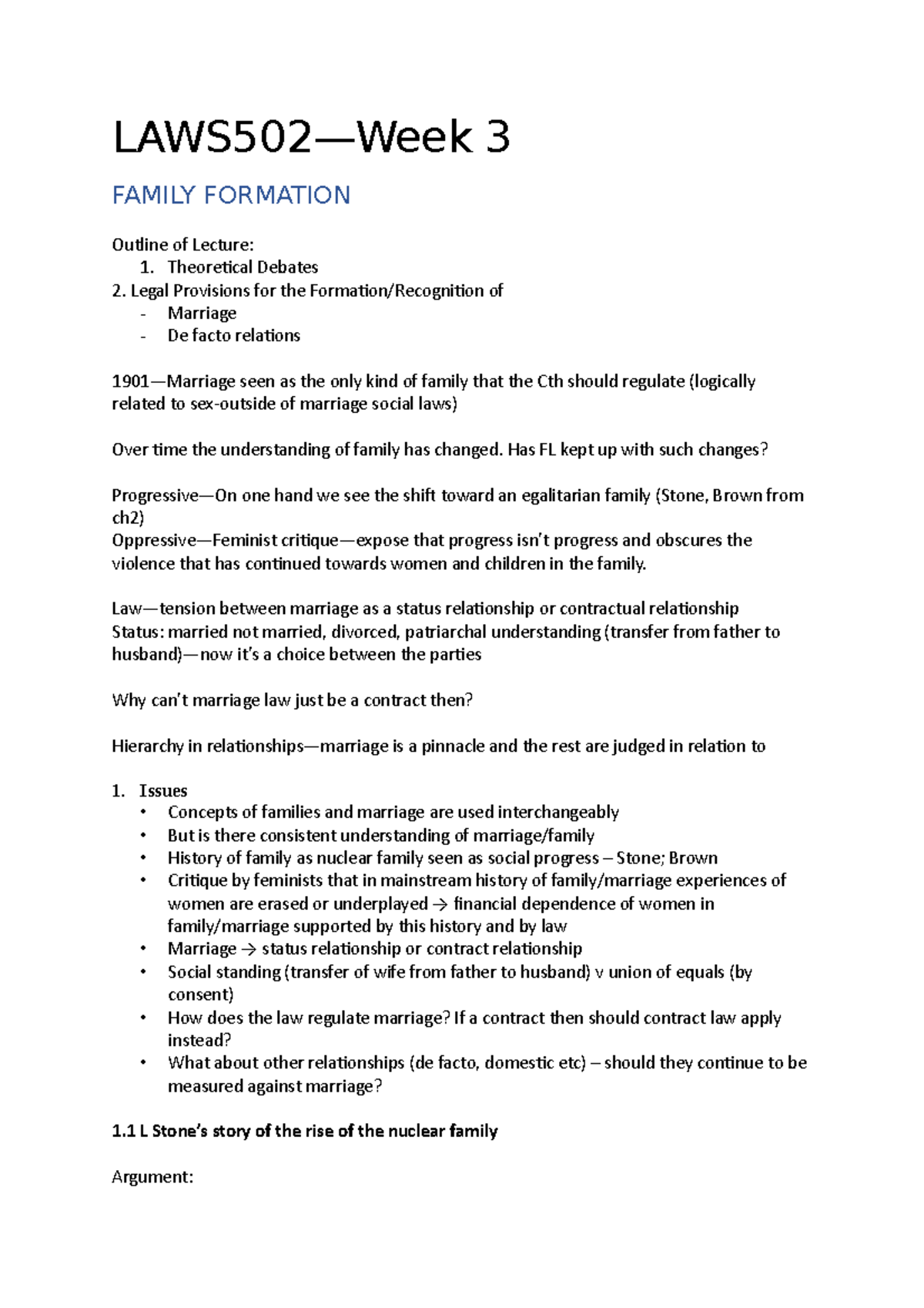 LAWS502—Week 3 - Lecture notes - LAWS502—Week 3 FAMILY FORMATION ...