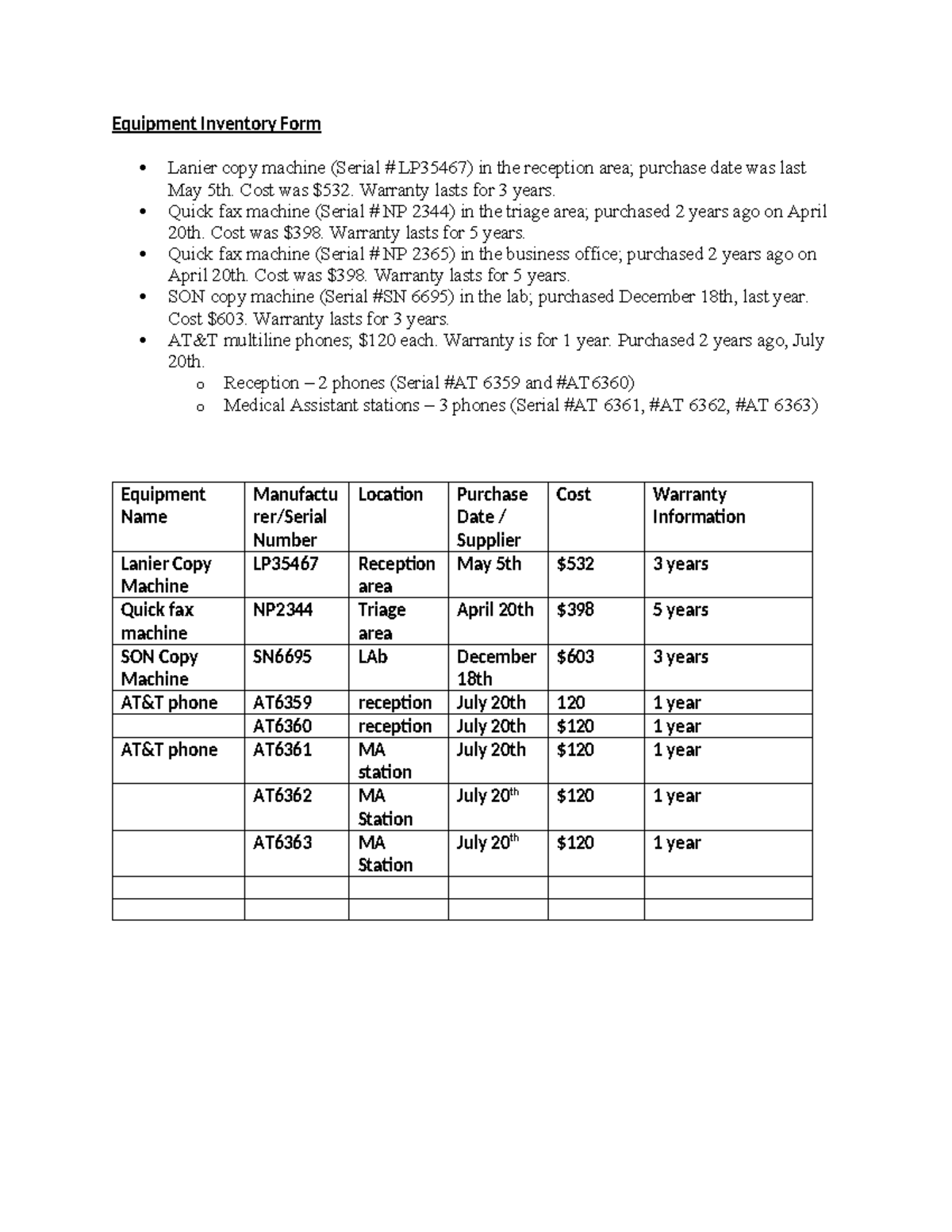 Work Product 11.1 Equipment Inventory Form - Equipment Inventory Form ...