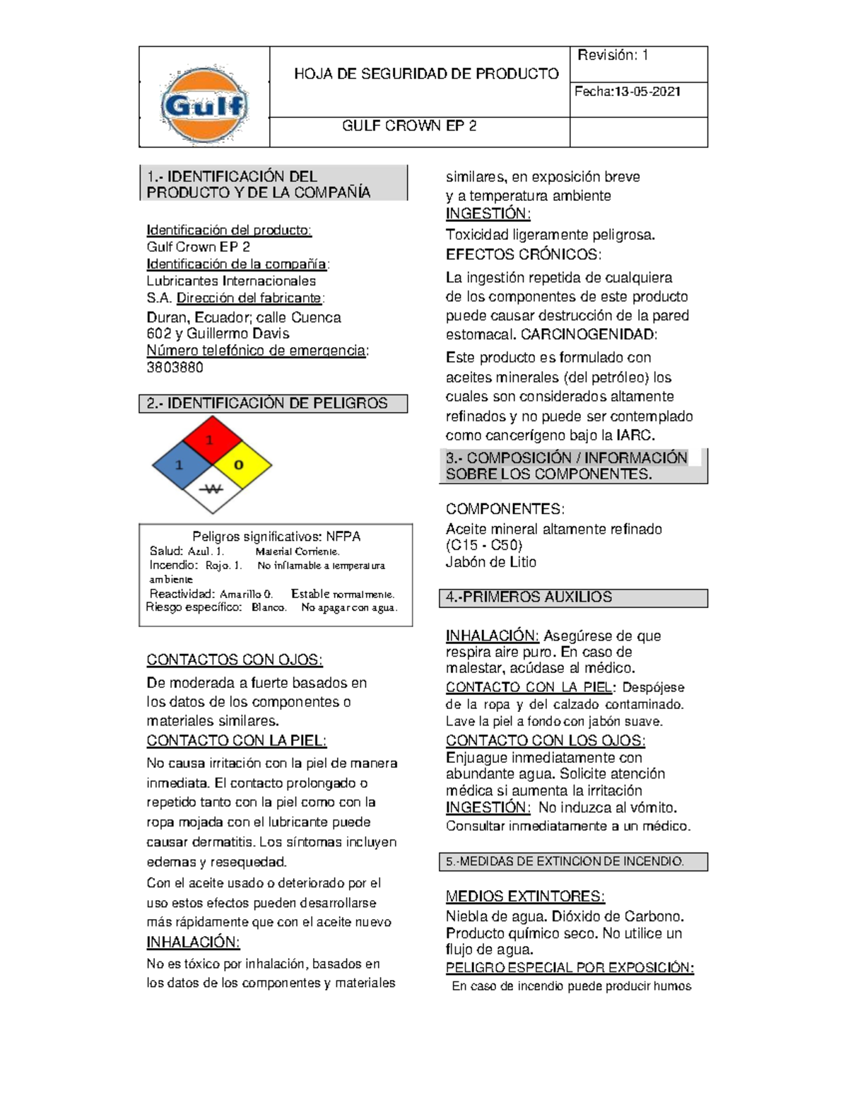 HOJA DE Seguridad GULF Crown EP-2 MSDS - Revisión: 1 HOJA DE SEGURIDAD ...