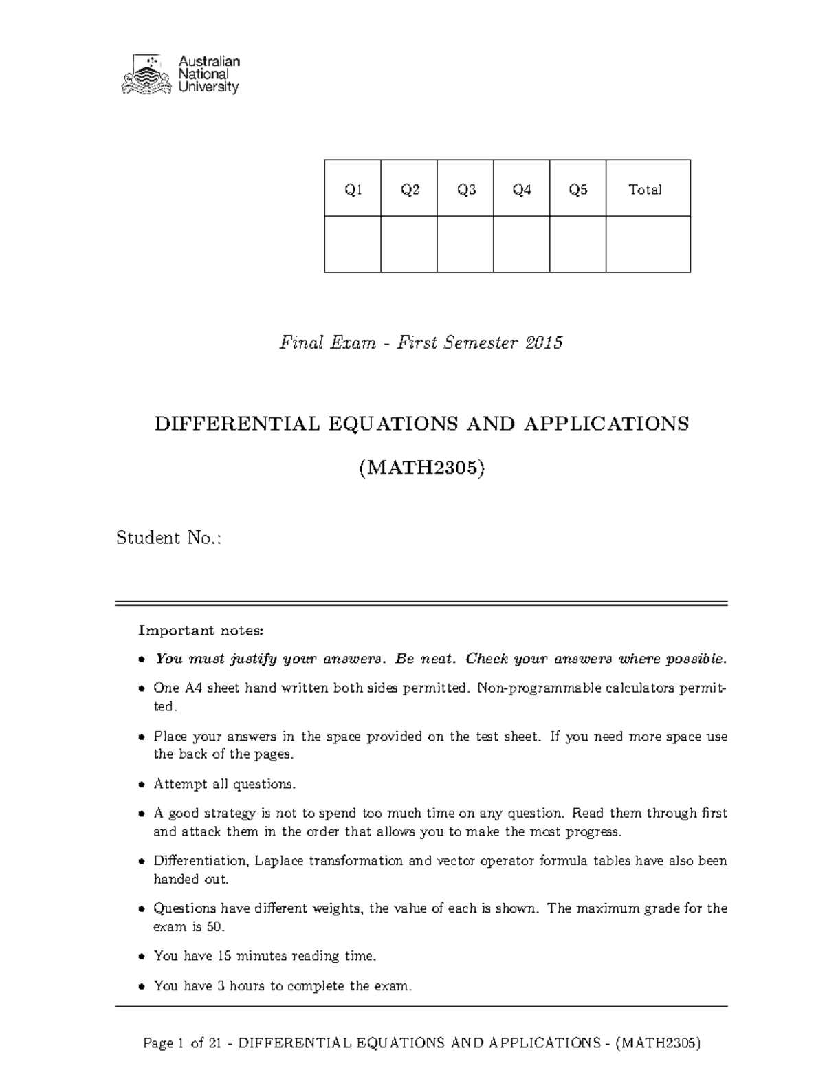 Exam June 2015, questions and answers - Q1 Q2 Q3 Q4 Q5 Total Final Exam ...