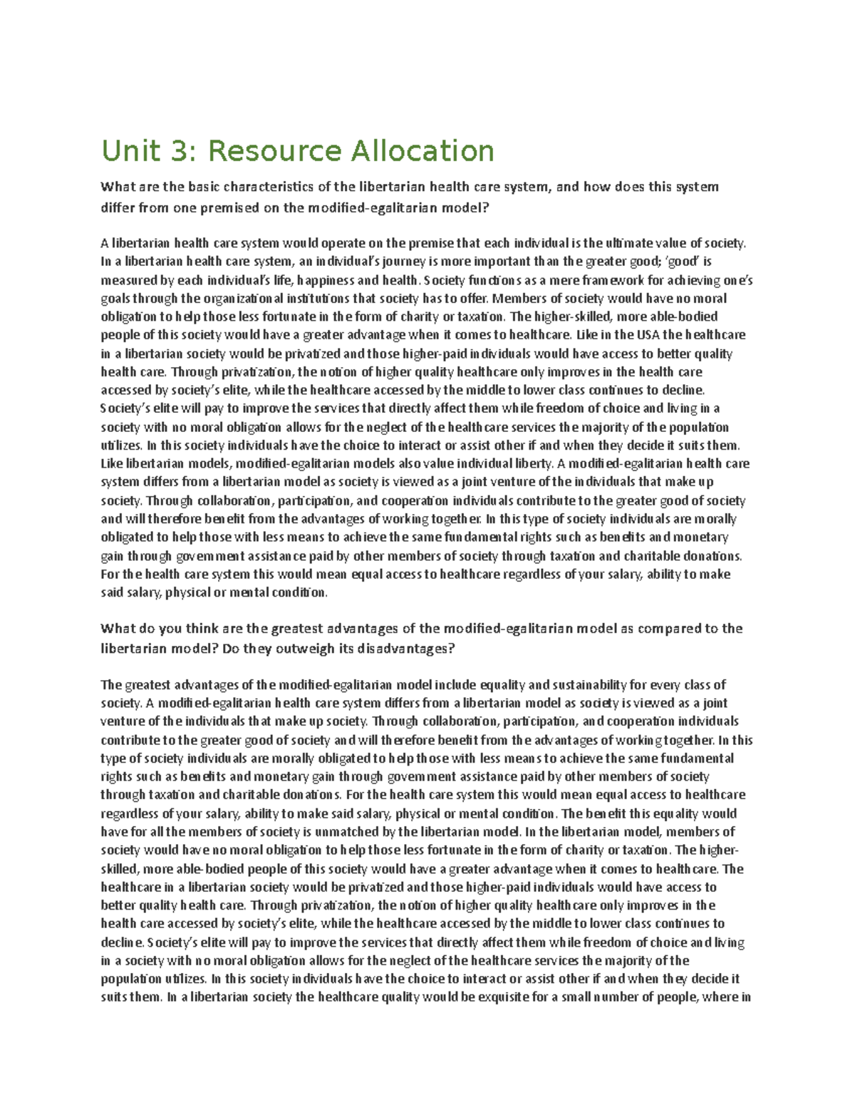 Unit 3 discussion questions Unit 3 Resource Allocation What are the