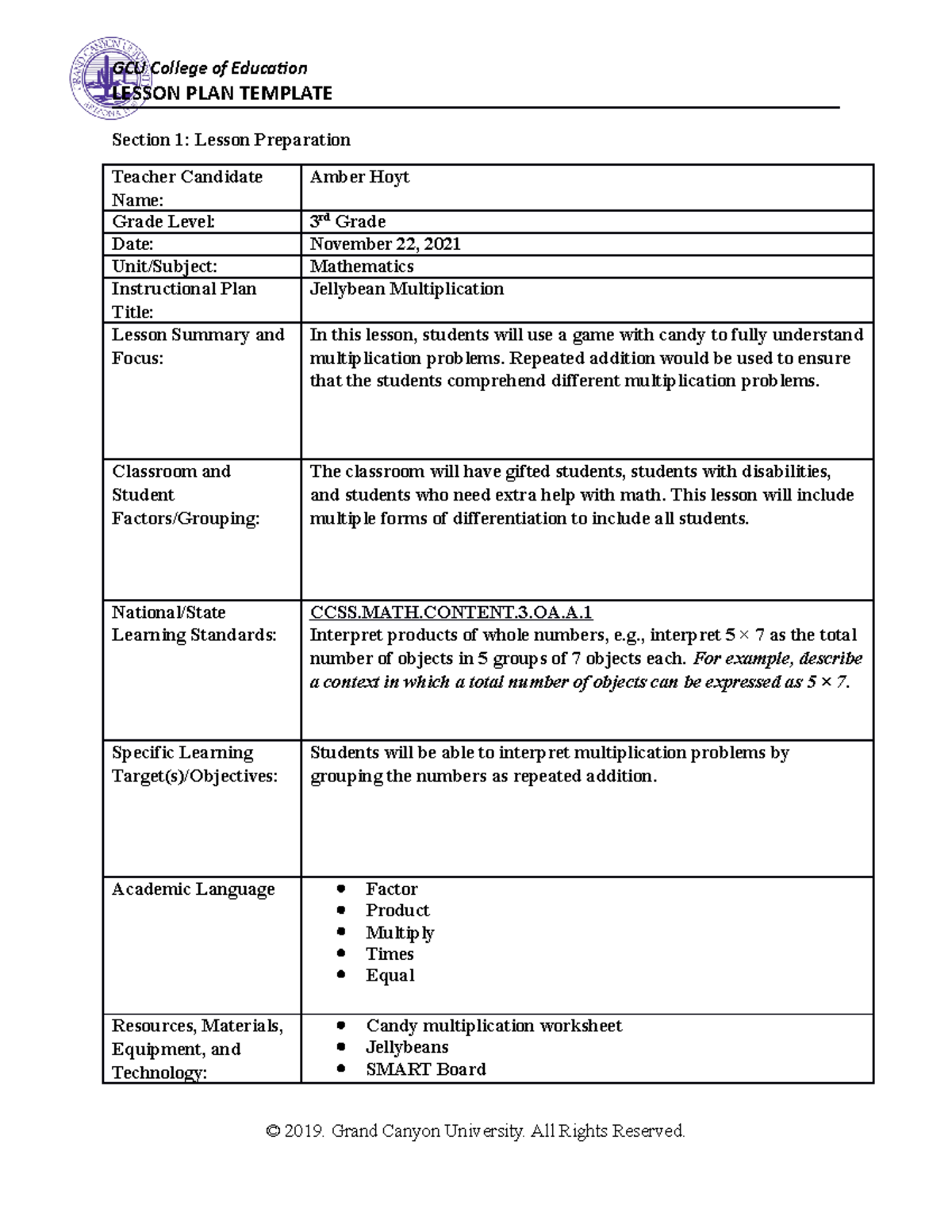 Operations and Algebraic Lesson Plan - LESSON PLAN TEMPLATE Section 1 ...