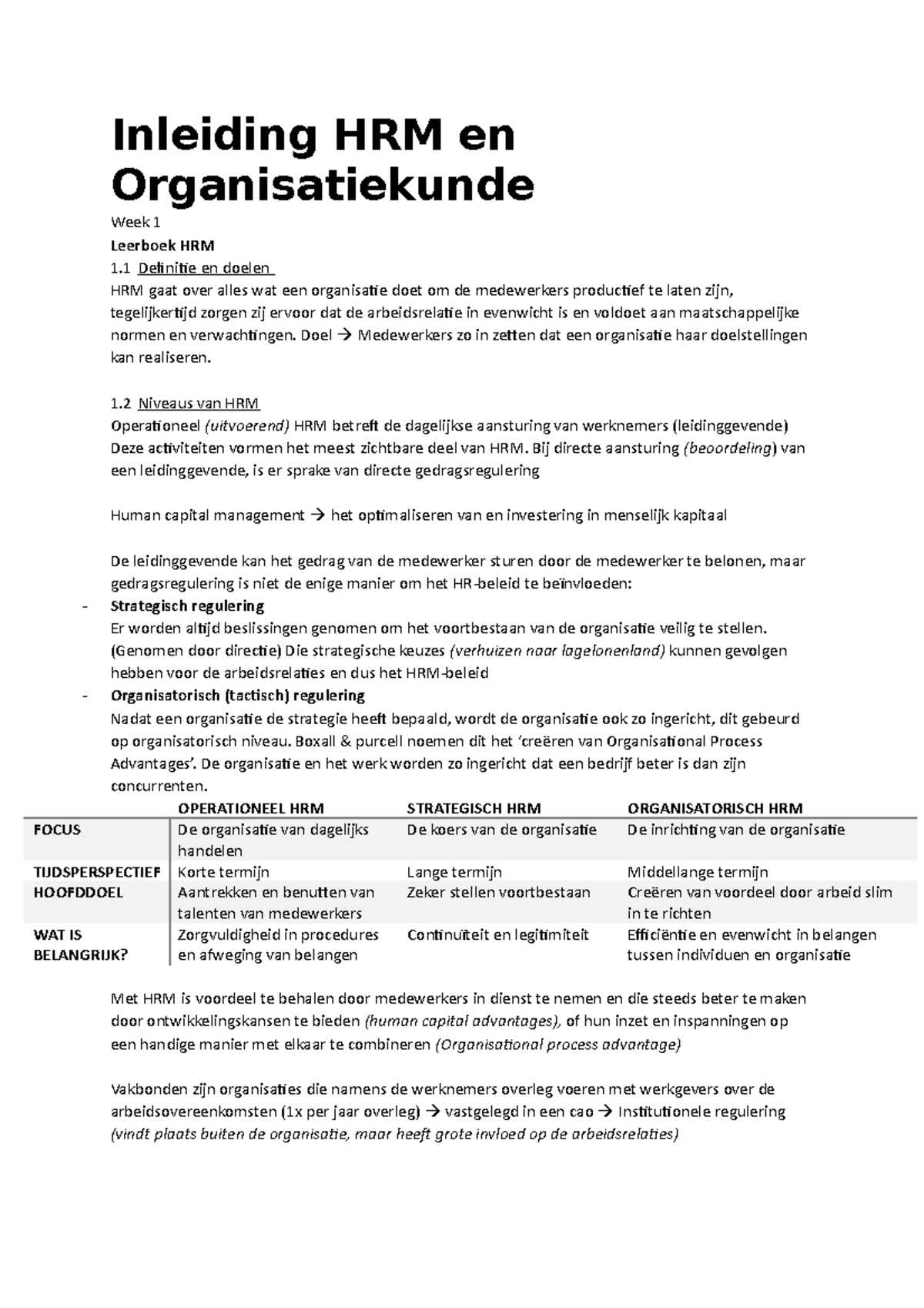 Samenvatting - Inleiding HRM En Organisatiekunde Week 1 Leerboek HRM 1 ...