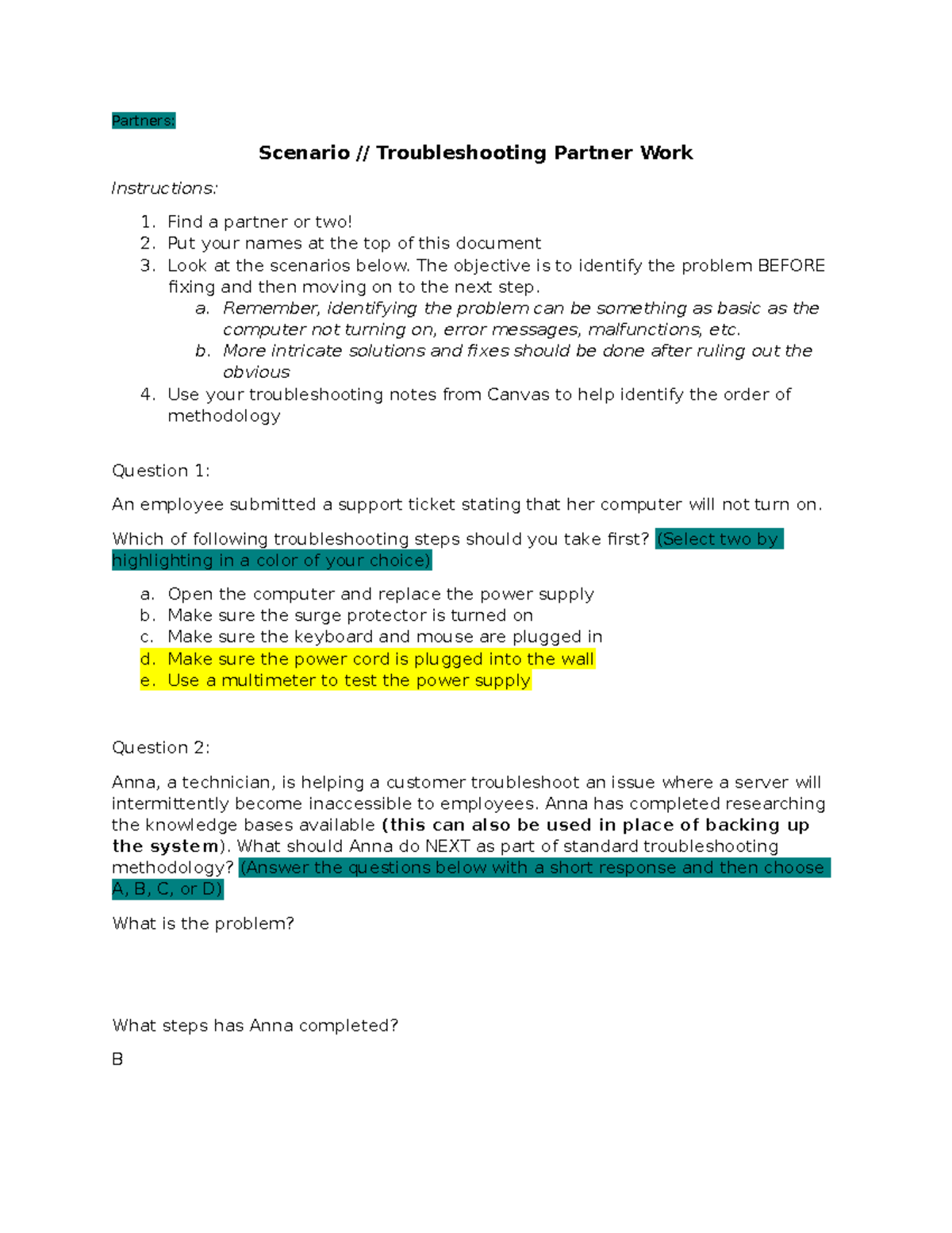 Scenario Troubleshooting worksheet for Digital information technology