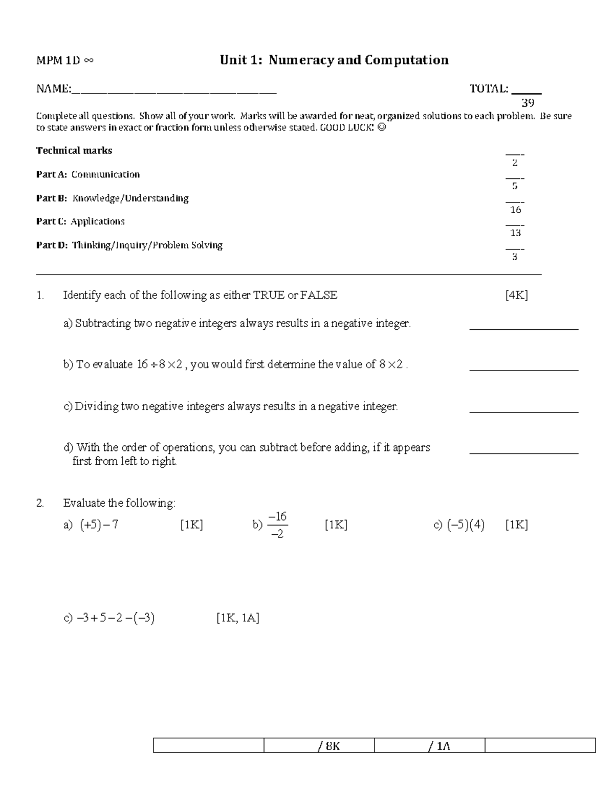 Unit #1 Test 2018-2019 v3 - MPM 1D Unit 1: Numeracy and Computation ...