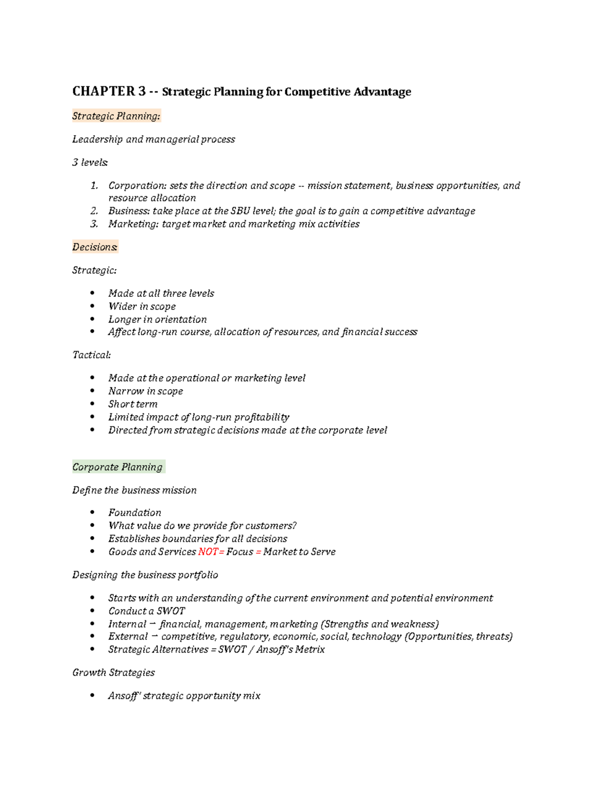 Chapter 3 - RYERSON MKT 100 - CHAPTER 3 - Strategic Planning for ...
