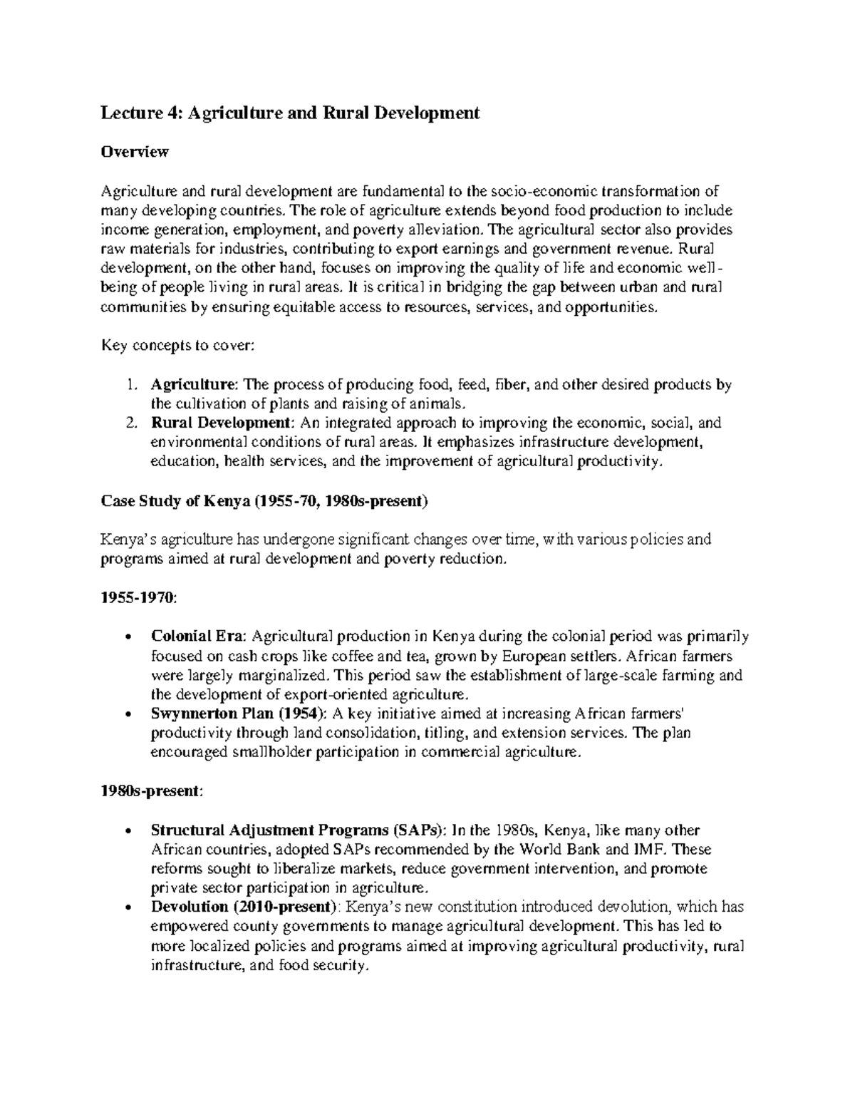 BEC 401 Lecture 4 Agriculture and Rural Development - Lecture 4 ...
