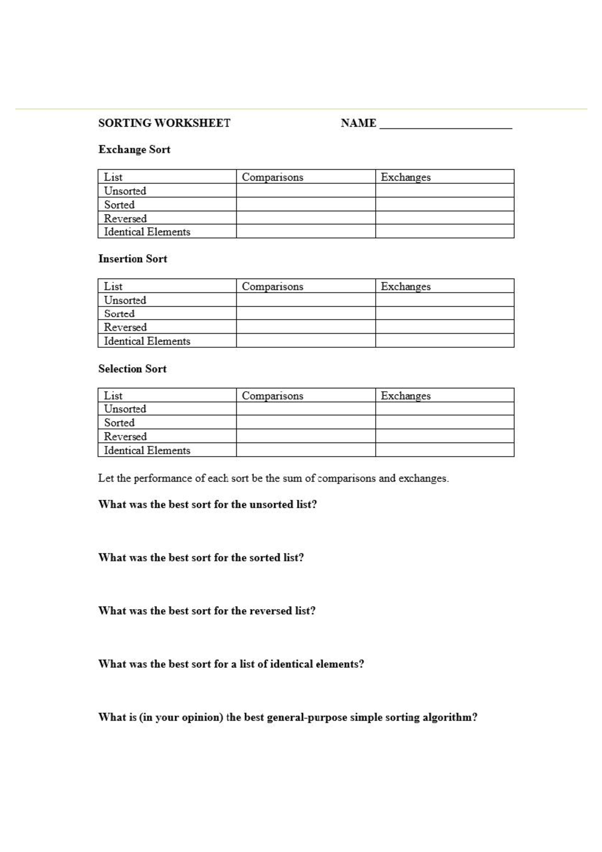 Sorting worksheet - SORTING WORKSHEET NAME Exchange Sort List ...