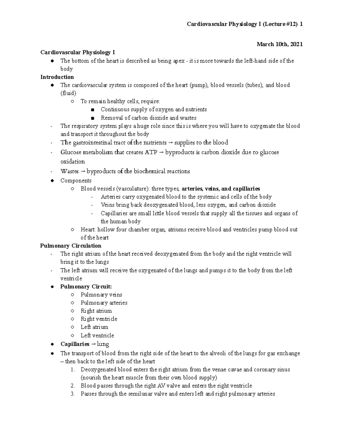 BIOL 2040-01 Cardiovascular Physiology I - March 10th, 2021 ...