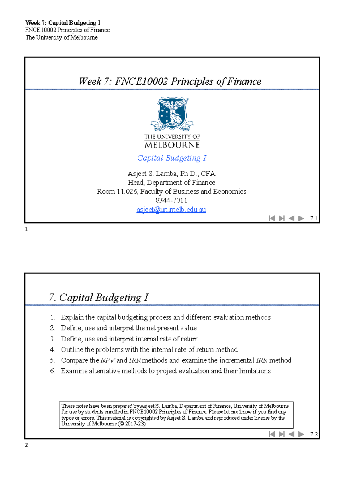 Lec07-Cap Bud 1-2perpage - FNCE10002 Principles of Finance The ...